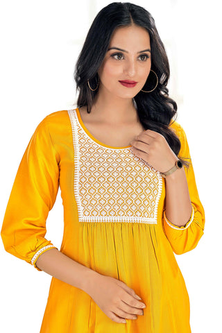 Appealing Yellow Color Rayon Fabric Readymade Embroidered Kurti