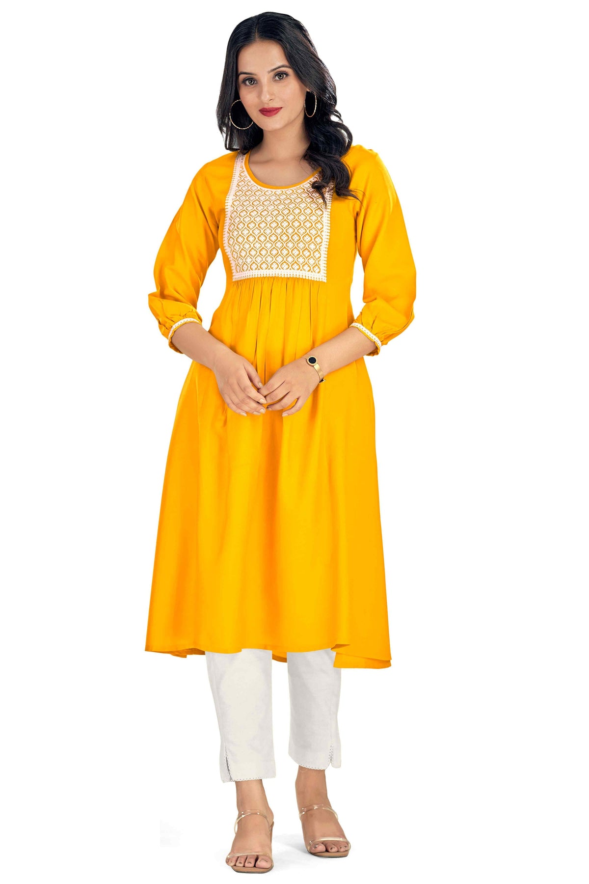 Appealing Yellow Color Rayon Fabric Readymade Embroidered Kurti