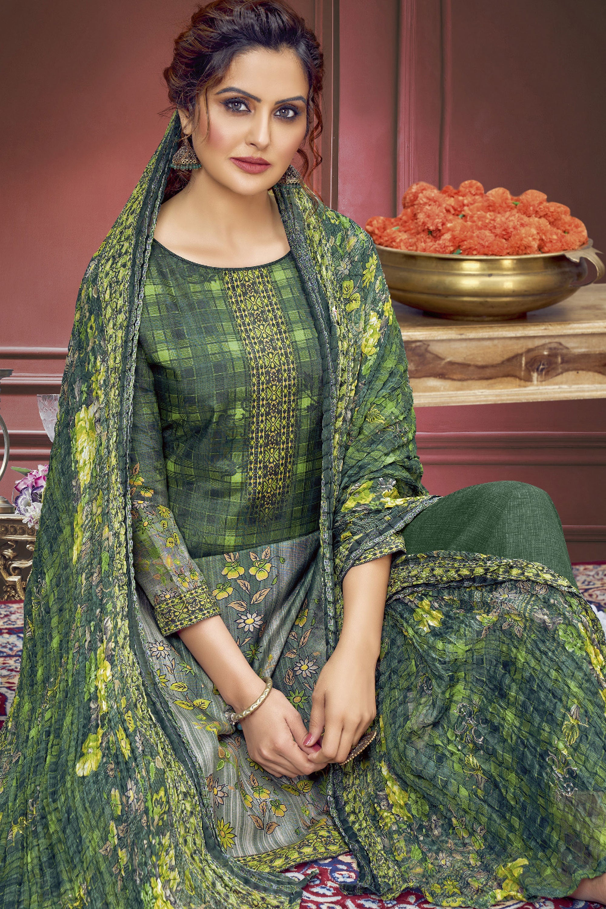 Classic Printed Work On Green Color Salwar Suit In Muslin Fabric