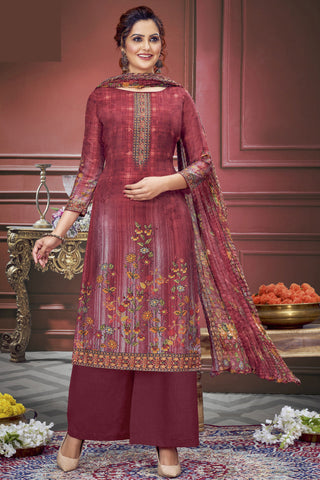 Muslin Fabric Maroon Color Salwar Suit With Winsome Printed Work