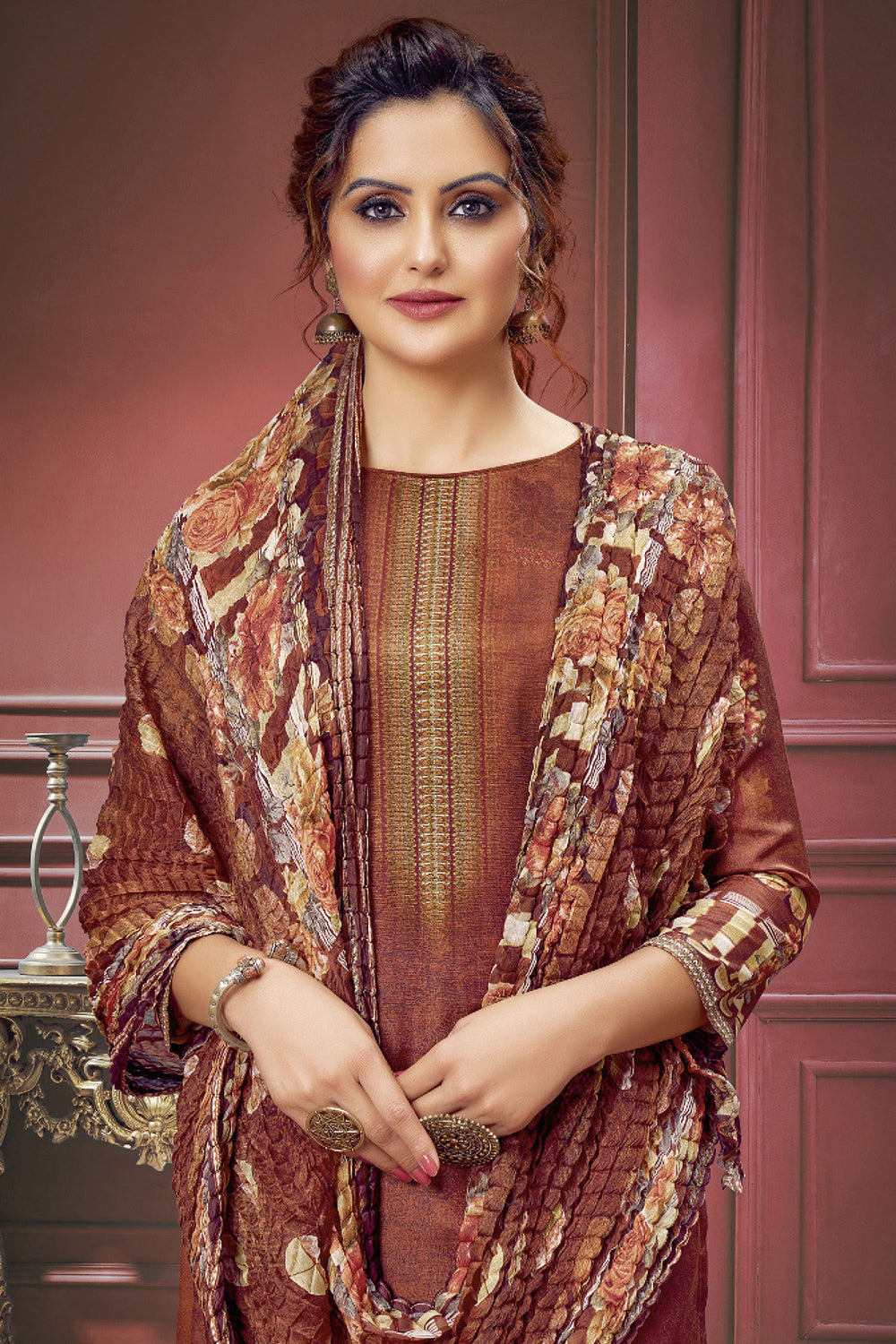 Creative Printed Work On Salwar Suit In Brown Color Muslin Fabric | Buy Online India