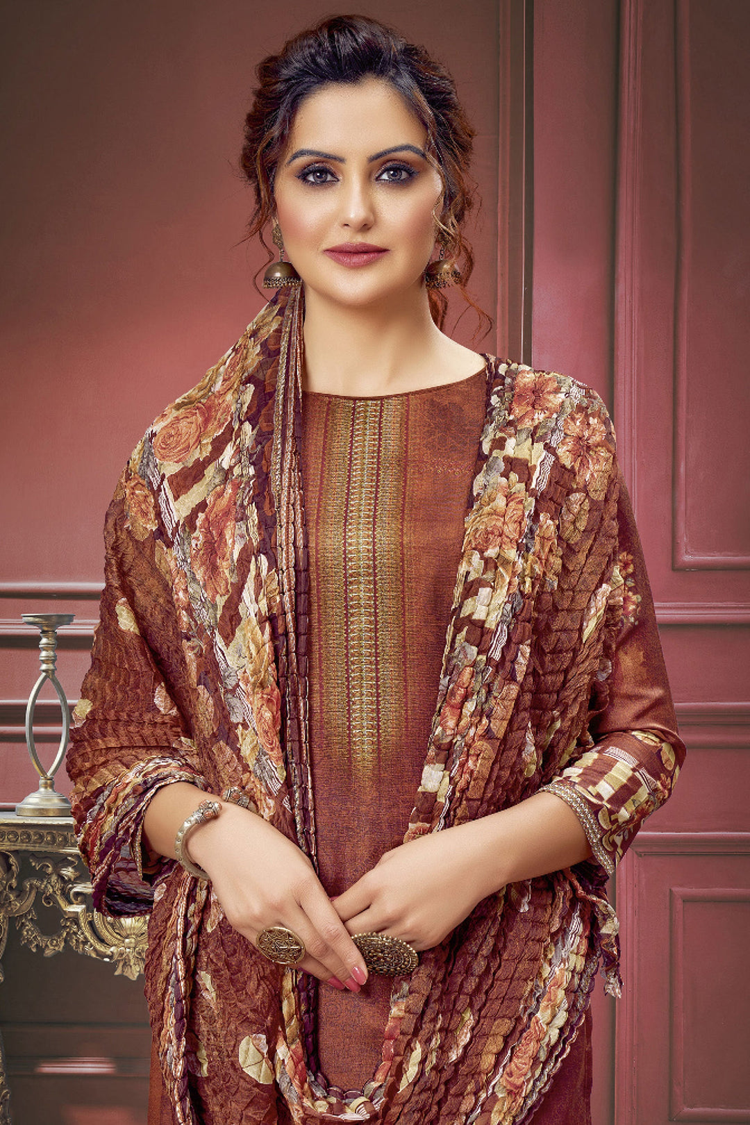 Creative Printed Work On Salwar Suit In Brown Color Muslin Fabric | Buy Online India