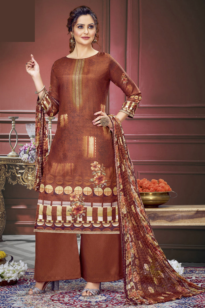 Creative Printed Work On Salwar Suit In Brown Color Muslin Fabric | Buy Online India