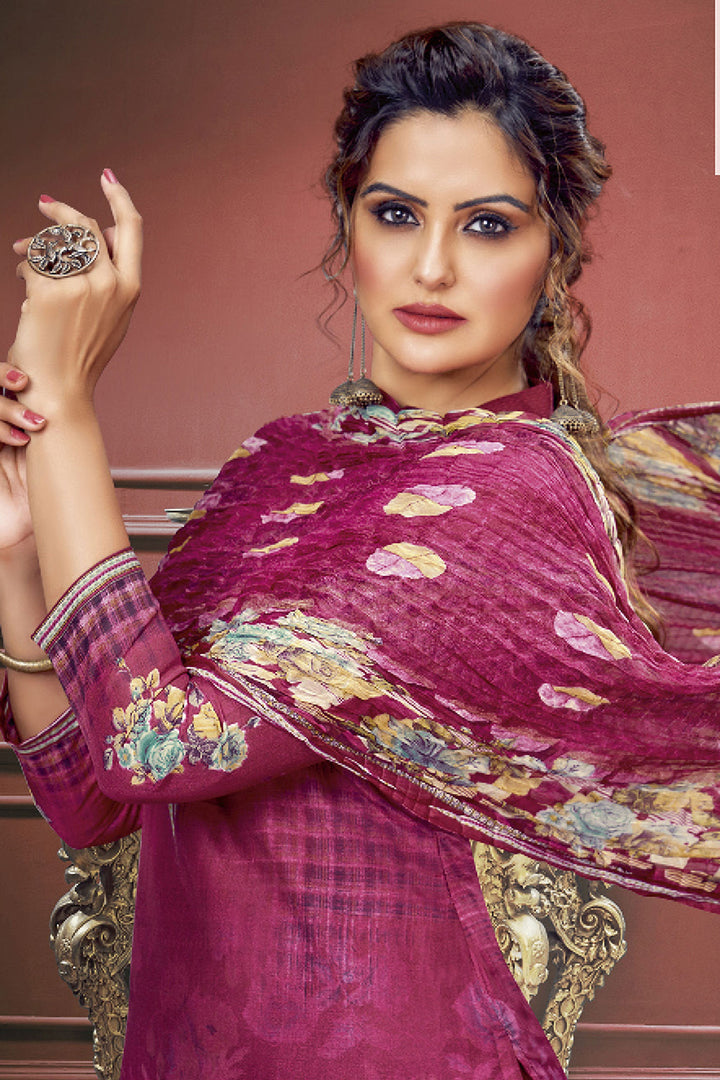 Printed Work Rani Color Muslin Fabric Beauteous Salwar Suit | Buy Online India