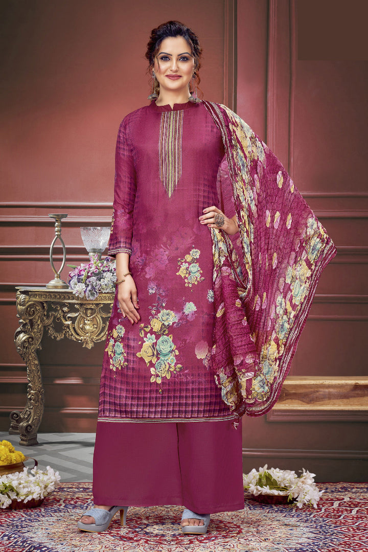 Printed Work Rani Color Muslin Fabric Beauteous Salwar Suit | Buy Online India