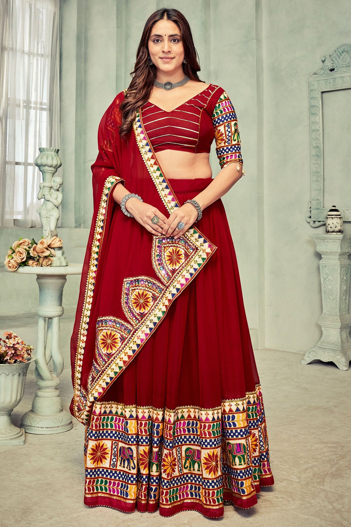 Stylish Maroon Color Georgette Fabric Lehenga Choli