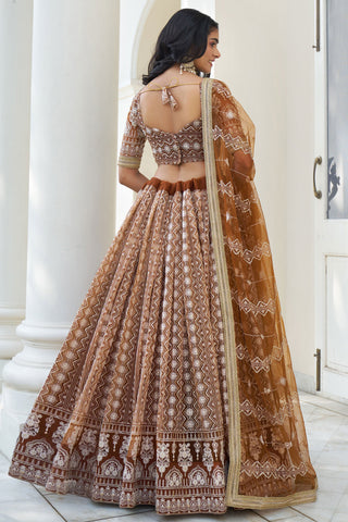 Amazing Sequins Work On Brown Color Net Fabric Lehenga