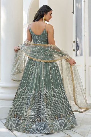 Sequins Work On Net Fabric Green Color Gorgeous Lehenga