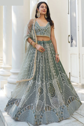 Sequins Work On Net Fabric Green Color Gorgeous Lehenga