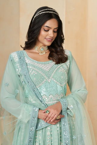 Elegant Georgette Sequins Designs Sea Green Color Readymade Anarkali Suit