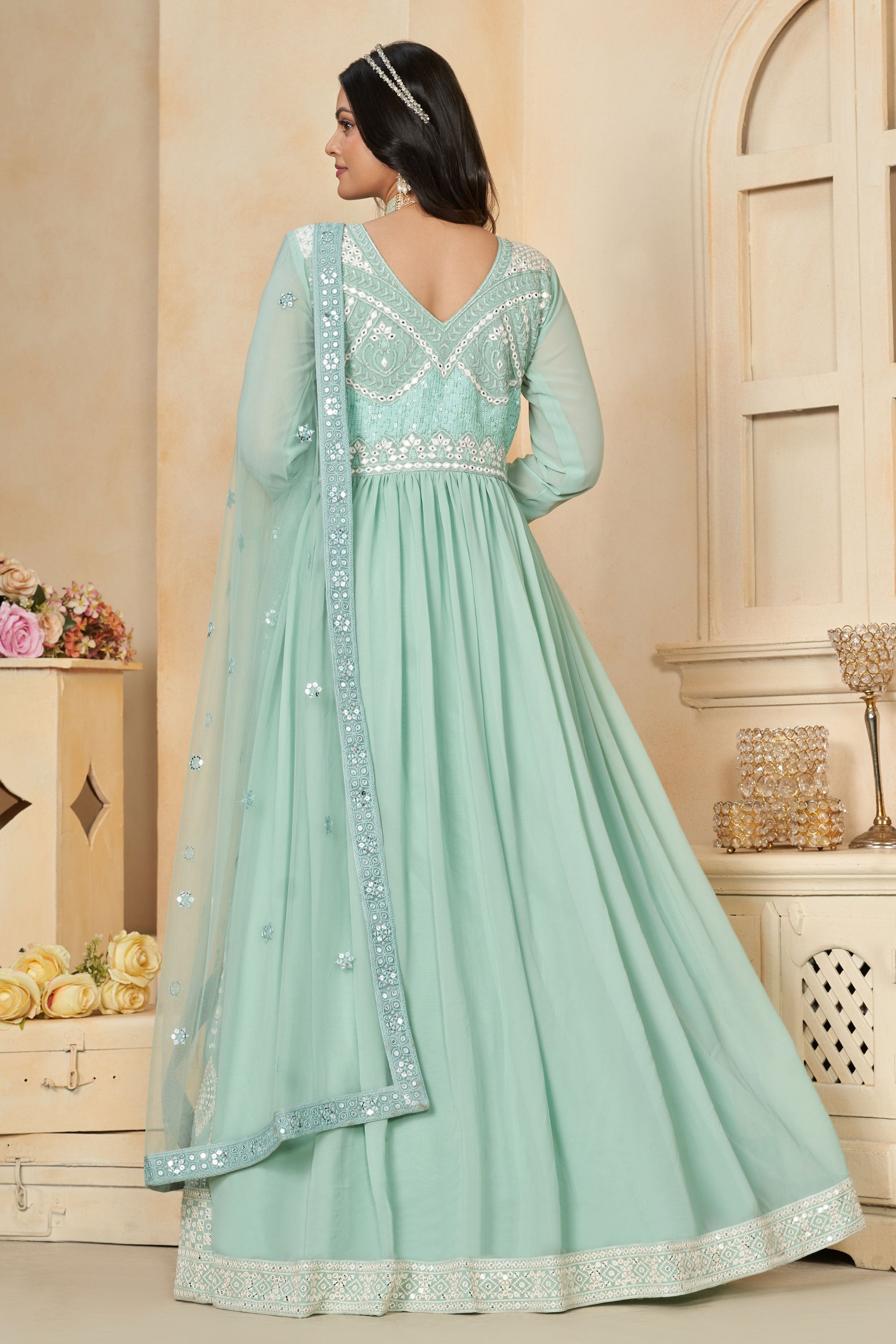 Elegant Georgette Sequins Designs Sea Green Color Readymade Anarkali Suit