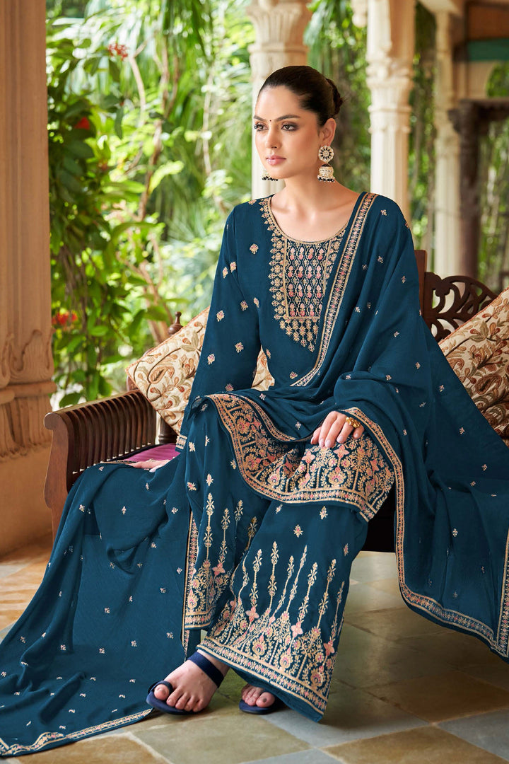 Teal Color Art Silk Fabric Adorming Function Wear Palazzo Suit