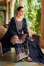 Load image into Gallery viewer, Navy Blue Color Art Silk Fabric Function Wear Awesome Palazzo Suit
