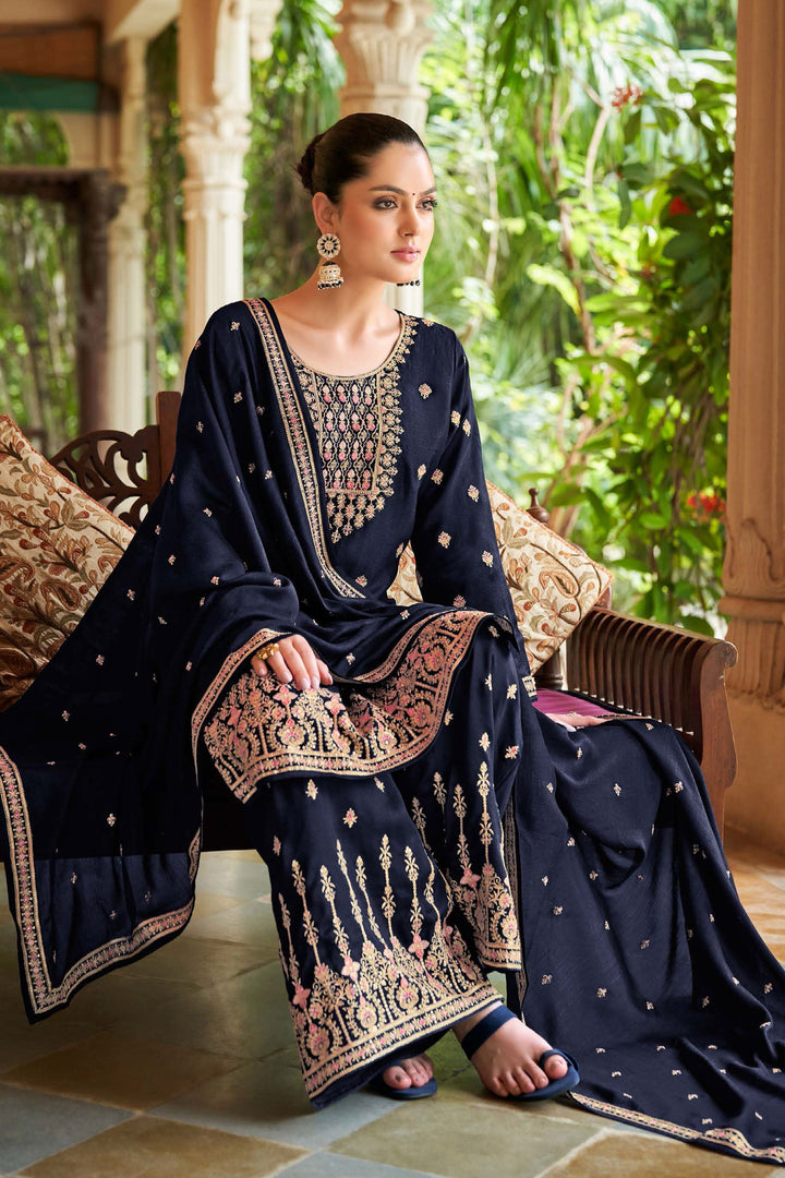 Navy Blue Color Art Silk Fabric Function Wear Awesome Palazzo Suit