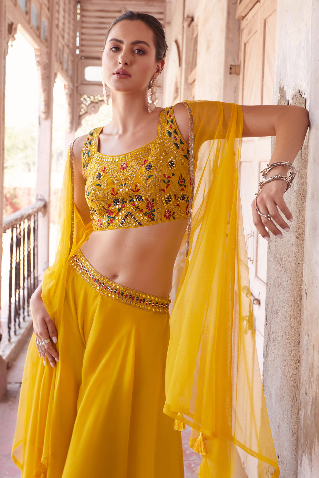 Vibrant Yellow Color Georgette Embroidered Readymade Sharara Suit For Function