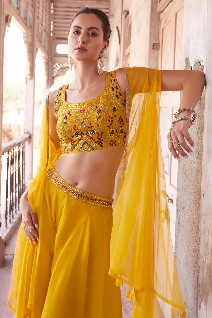 Vibrant Yellow Color Georgette Embroidered Readymade Sharara Suit For Function