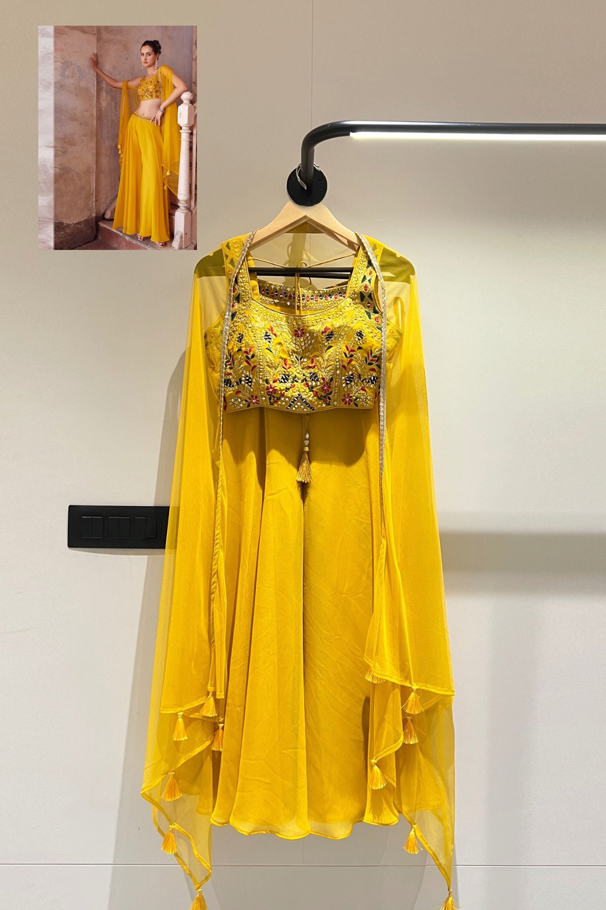 Vibrant Yellow Color Georgette Embroidered Readymade Sharara Suit For Function