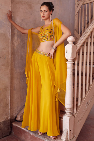 Vibrant Yellow Color Georgette Embroidered Readymade Sharara Suit For Function