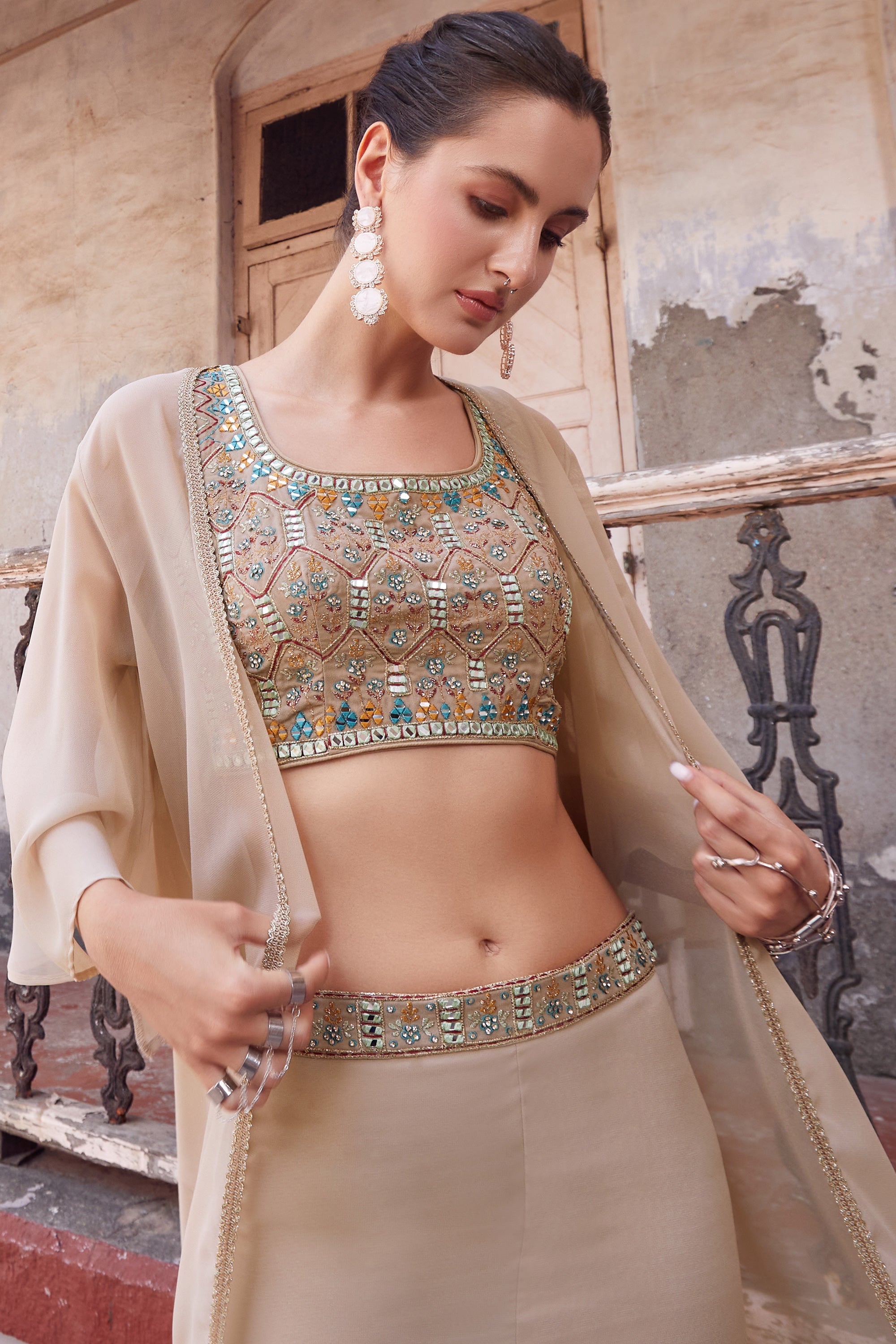 Classic Georgette Embroidered Beige Color Readymade Sharara Suit For Functions