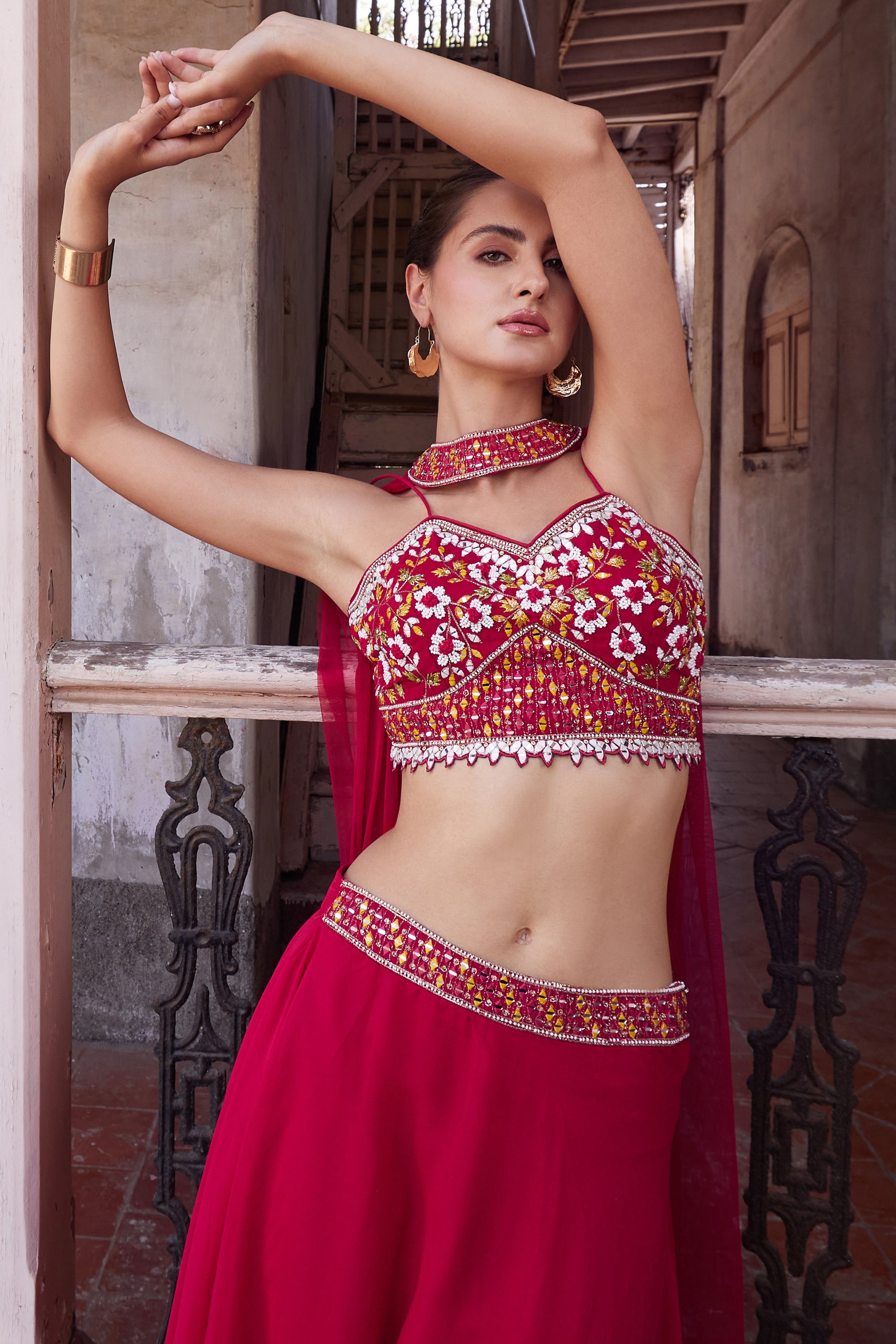 Essence of Tradition Georgette Readymade Lehenga In Rani Color