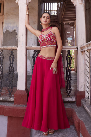 Essence of Tradition Georgette Readymade Lehenga In Rani Color