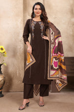 Load image into Gallery viewer, Glorious Festive Wear Brown Color Readymade Art Silk Salwar Suit
