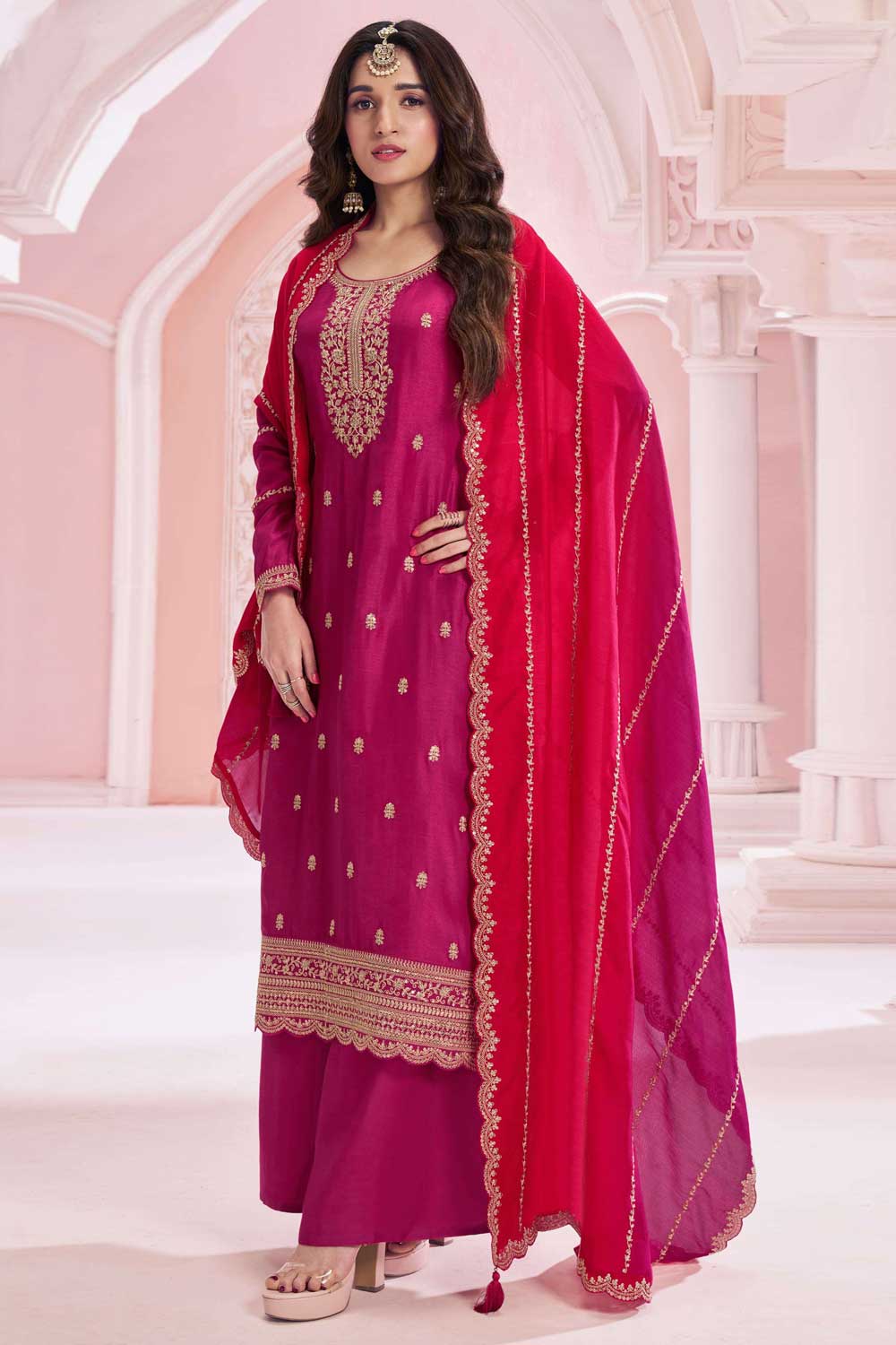 Nidhi shah Charming Rani Color Vichitra Fabric Palazzo Suit