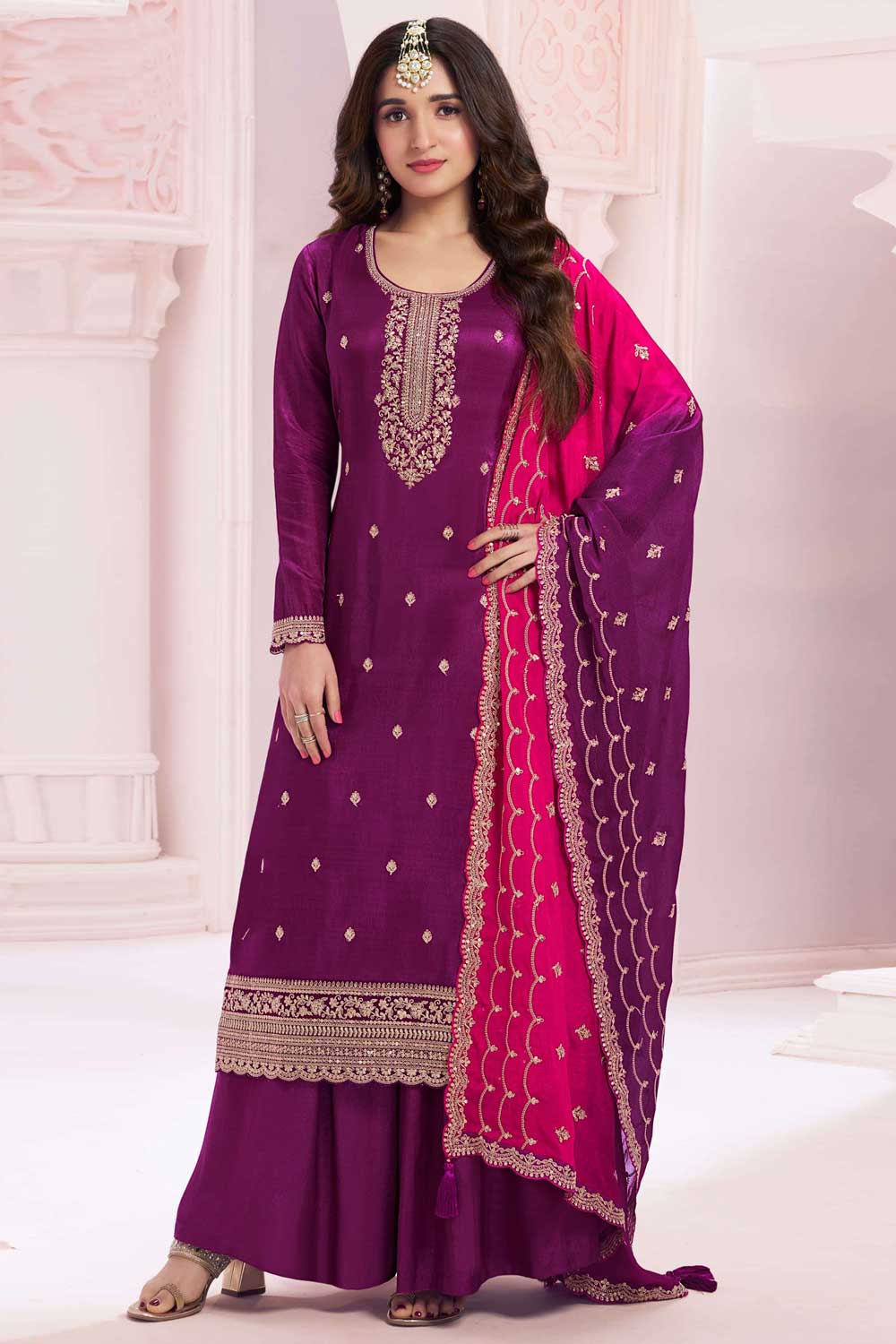 Nidhi shah Alluring Vichitra Fabric Wine Color Palazzo Suit