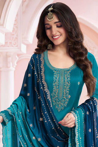 Nidhi shah Excellent Vichitra Fabric Teal Color Palazzo Suit