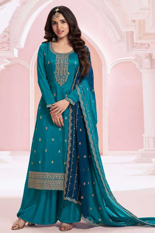 Nidhi shah Excellent Vichitra Fabric Teal Color Palazzo Suit