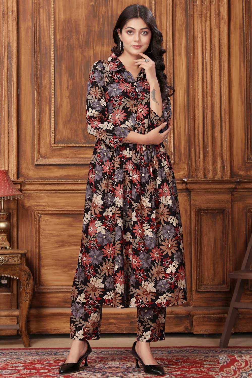 Beguiling Black Color Rayon Fabric Readymade Kurti With Bottom