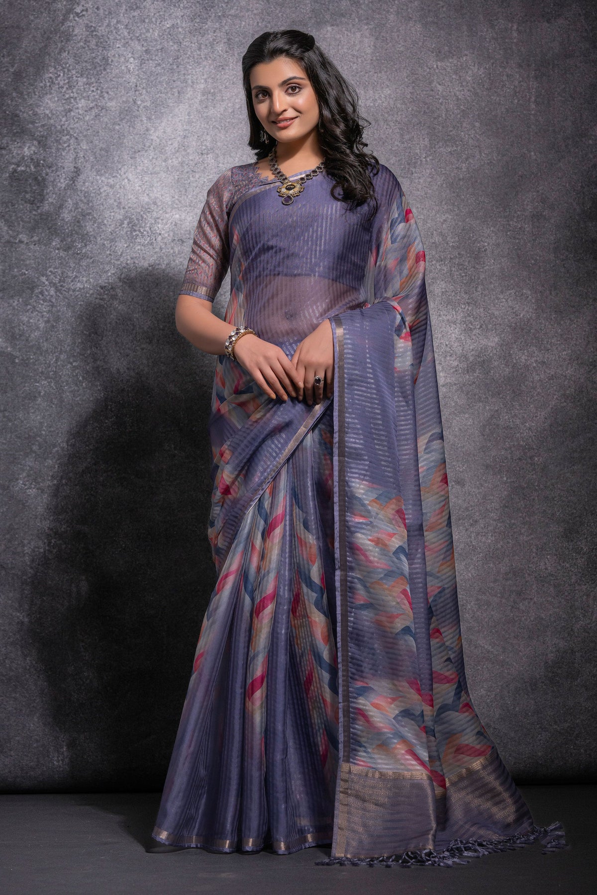 Pure Linen Zari Pattern Blue Printed Saree