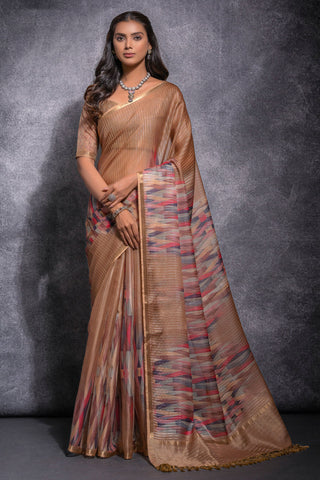 Brown Pure Linen Zari Pattern Printed Saree