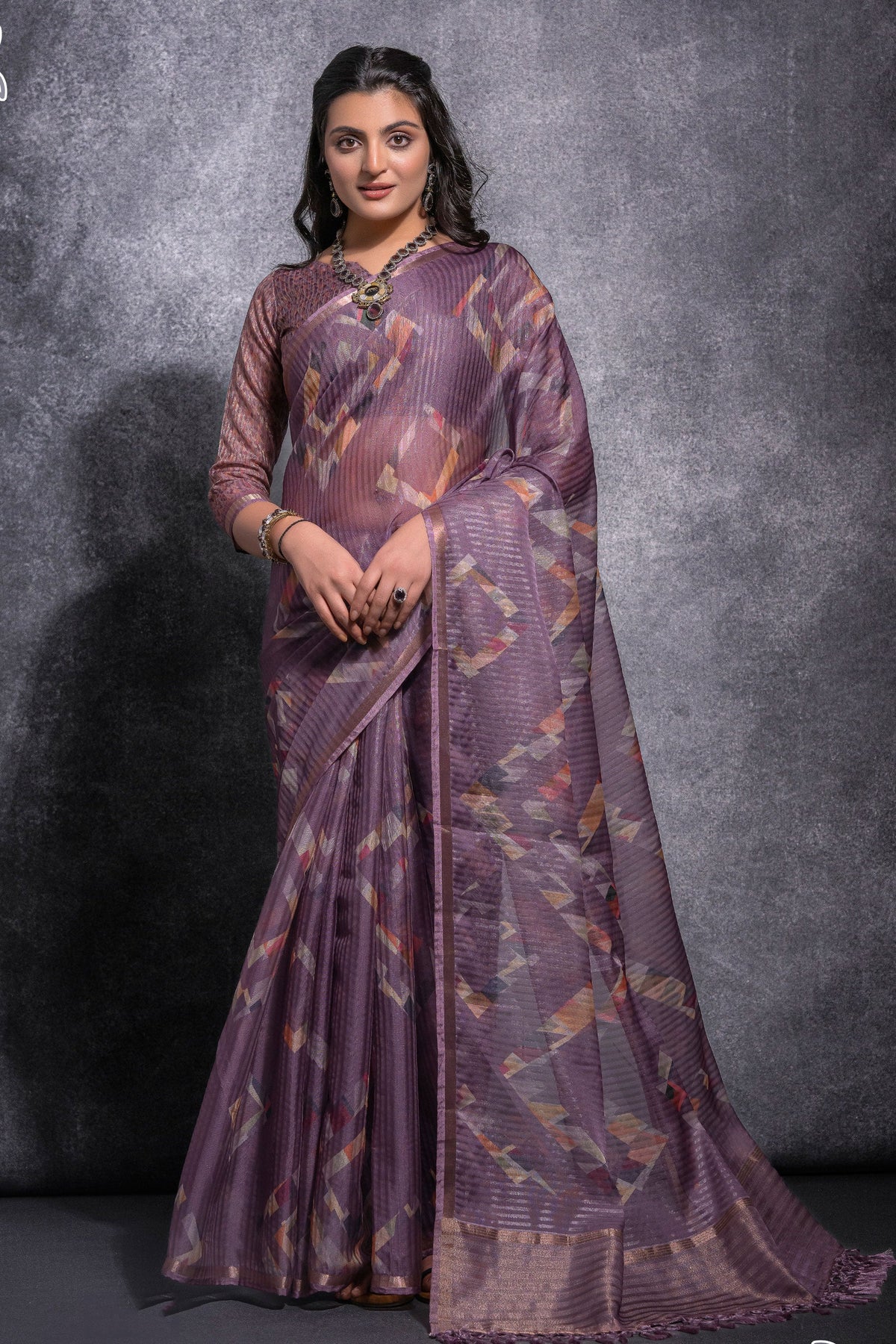 Purple Printed Pure Linen Zari Pattern Saree