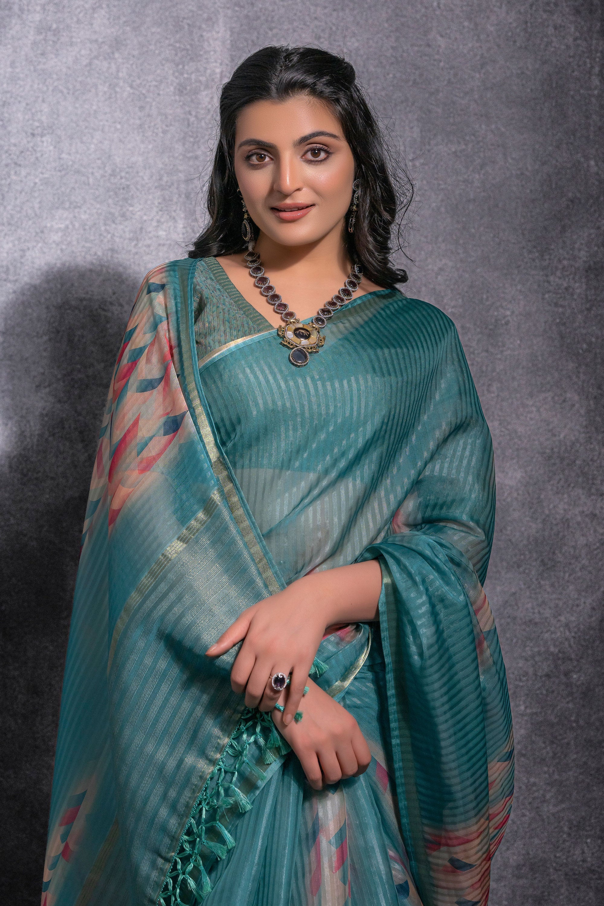 Pure Linen Teal Printed Saree