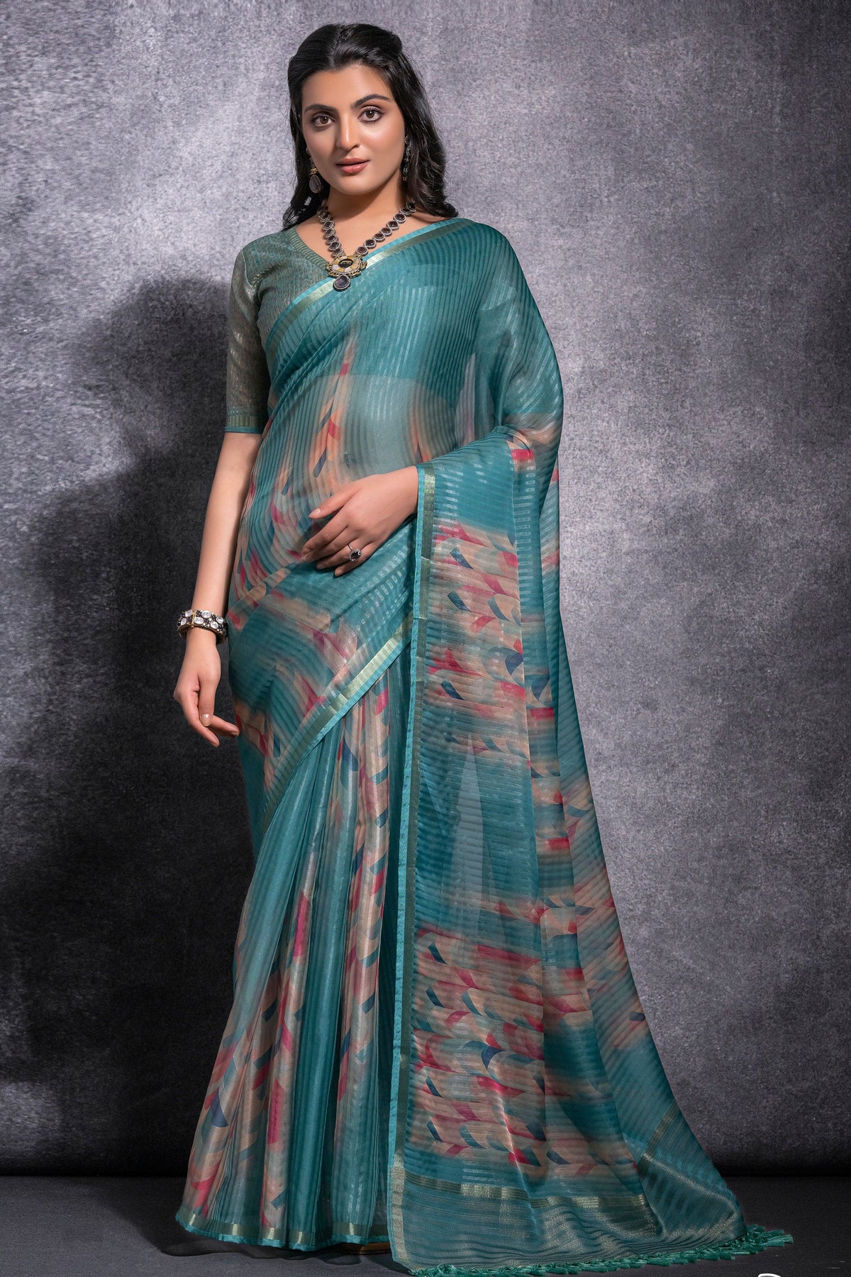 Pure Linen Teal Printed Saree