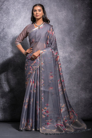 Grey Pure Linen Printed Saree