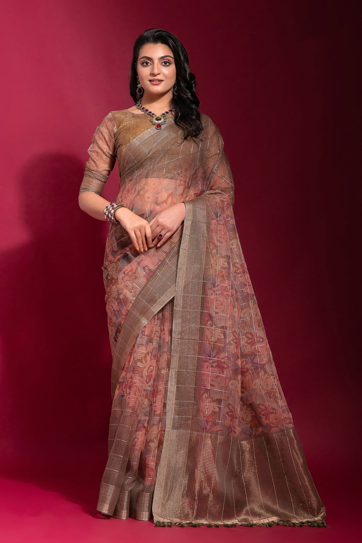 Peach Printed Pure Linen Zari Pattern Checks Saree