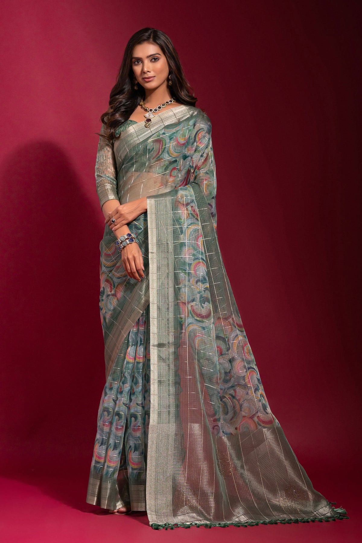 Pure Linen Zari Pattern Checks Sea Green Printed Saree