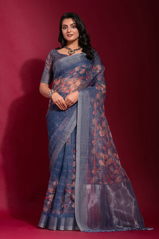 Navy Blue Printed Pure Linen Zari Pattern Checks Saree