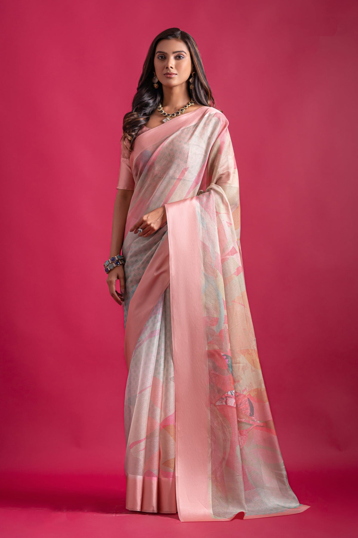 Pink Printed Pure Linen Checks Saree