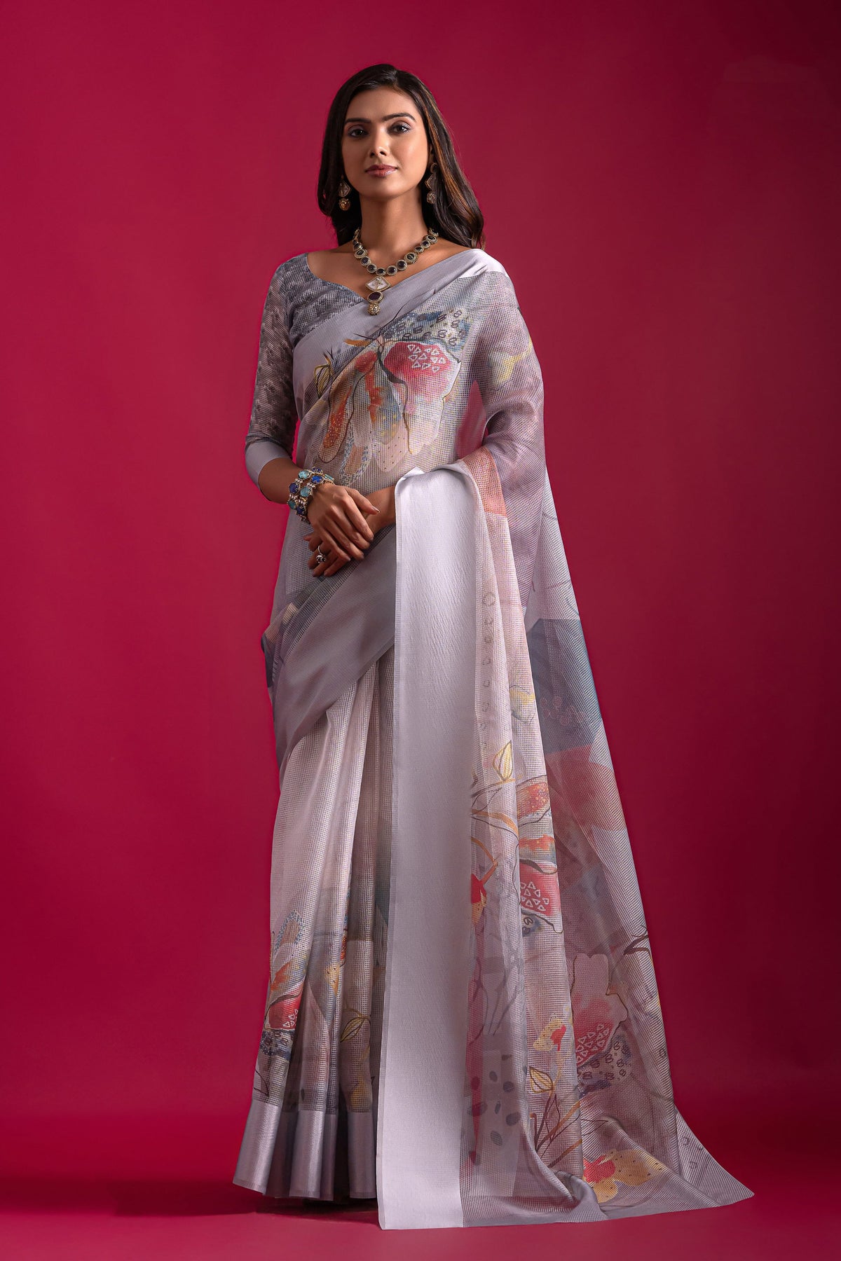 Printed Casual Saree In Grey Color