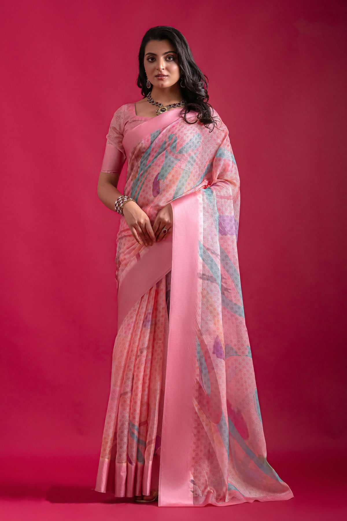 Casual Printed Saree In Pink Color