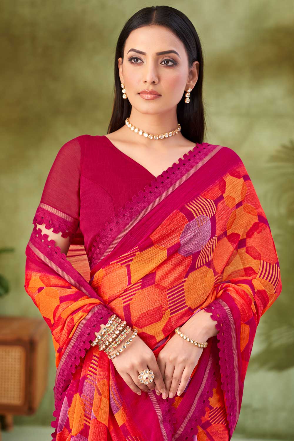 Rani Color Chiffon Fabric Beatific Printed Saree