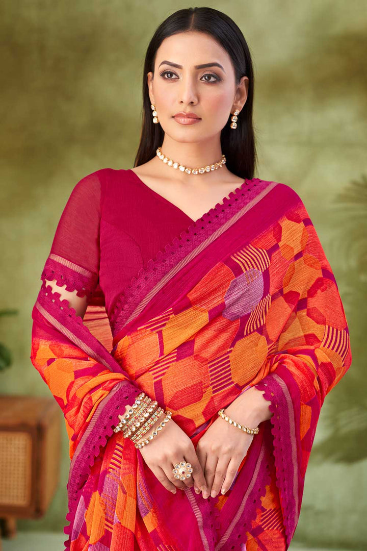 Rani Color Chiffon Fabric Beatific Printed Saree