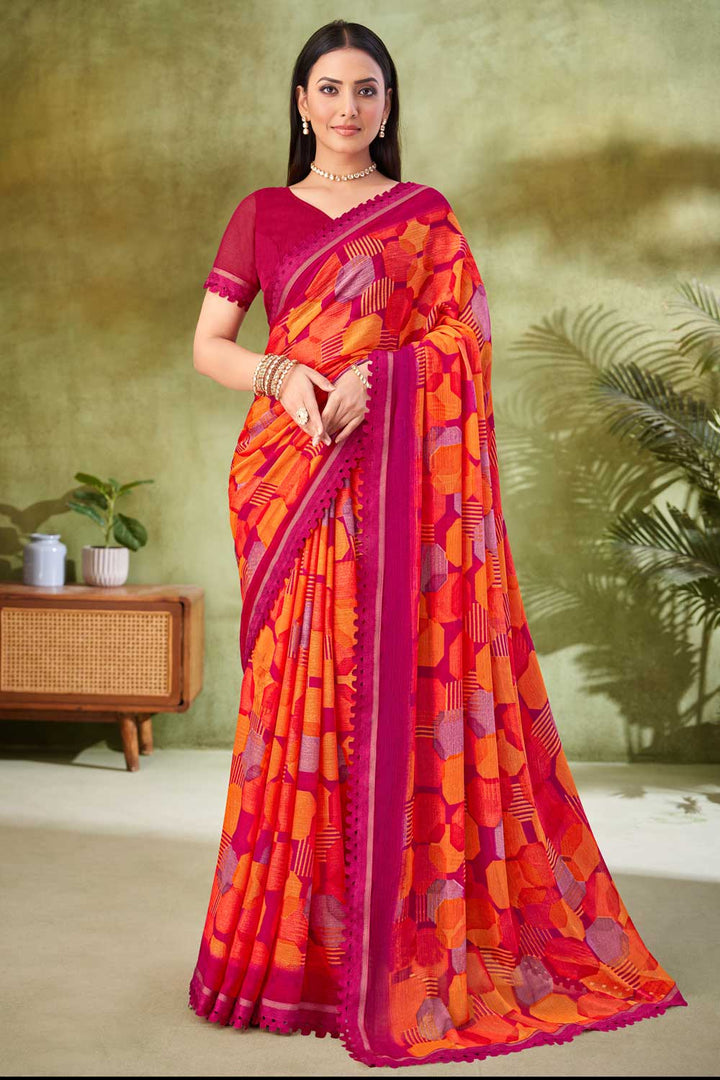 Rani Color Chiffon Fabric Beatific Printed Saree