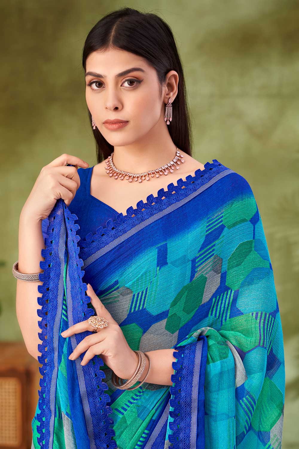 Beguiling Cyan Color Chiffon Fabric Printed Saree