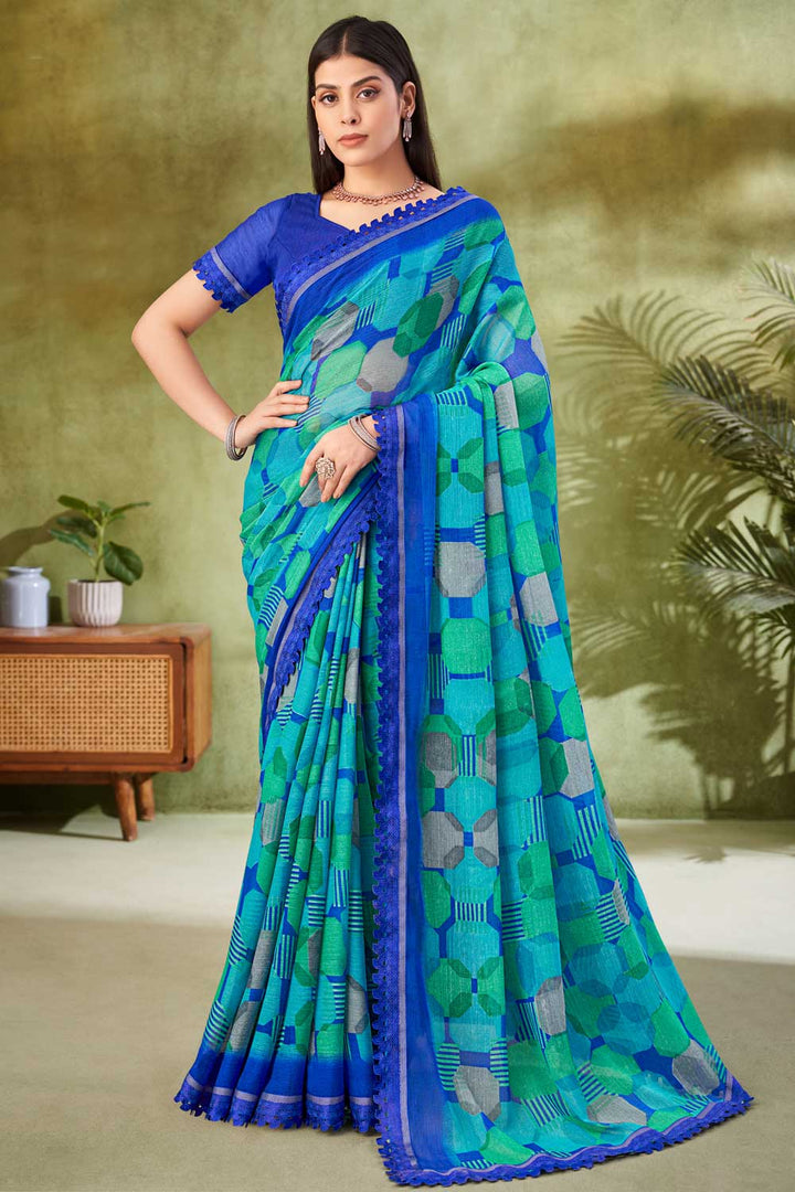 Beguiling Cyan Color Chiffon Fabric Printed Saree