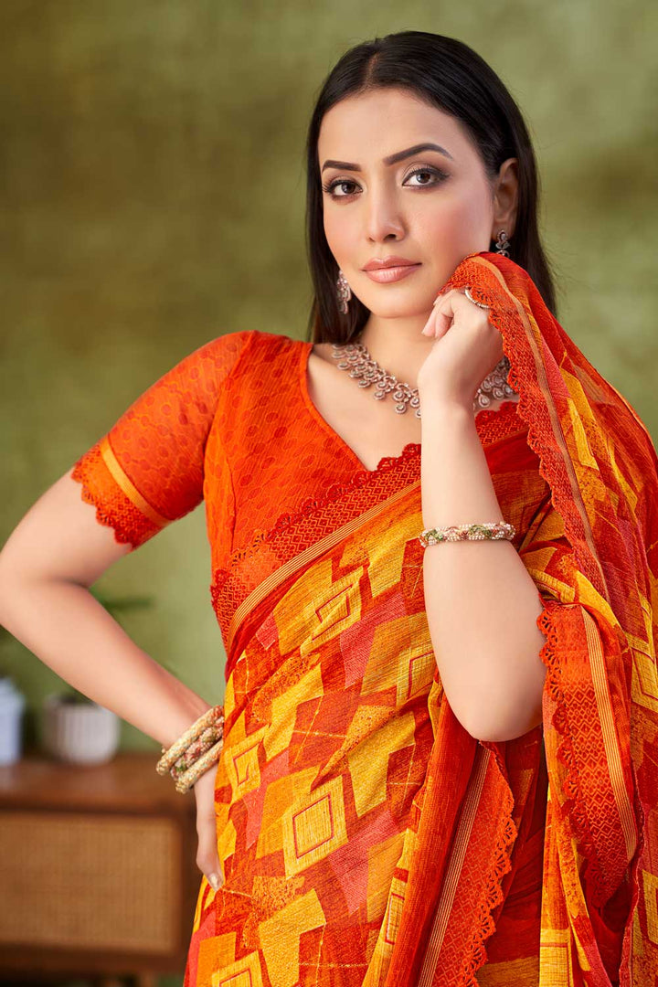 Sober Orange Color Chiffon Fabric Printed Saree