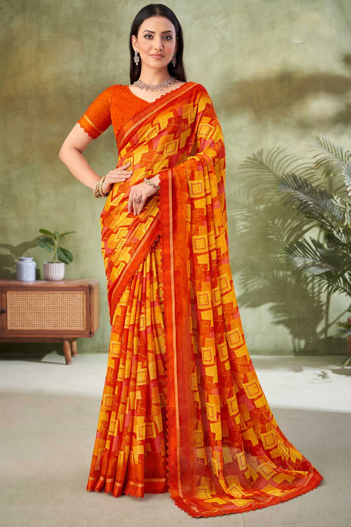 Sober Orange Color Chiffon Fabric Printed Saree